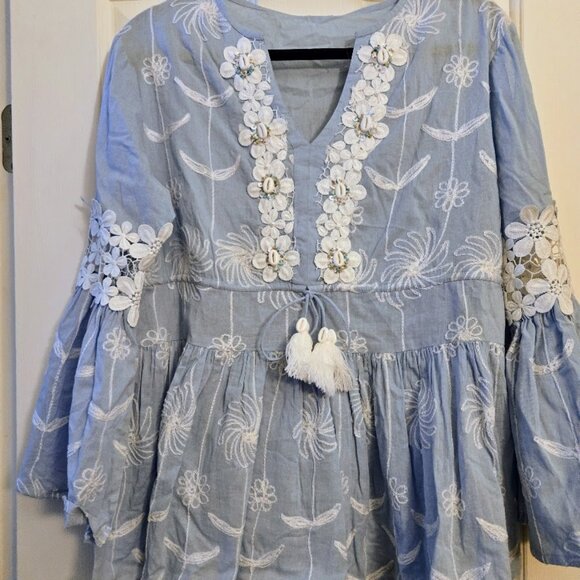 Barok Bohemian Beaded Flowy Linen Top - Picture 1 of 6